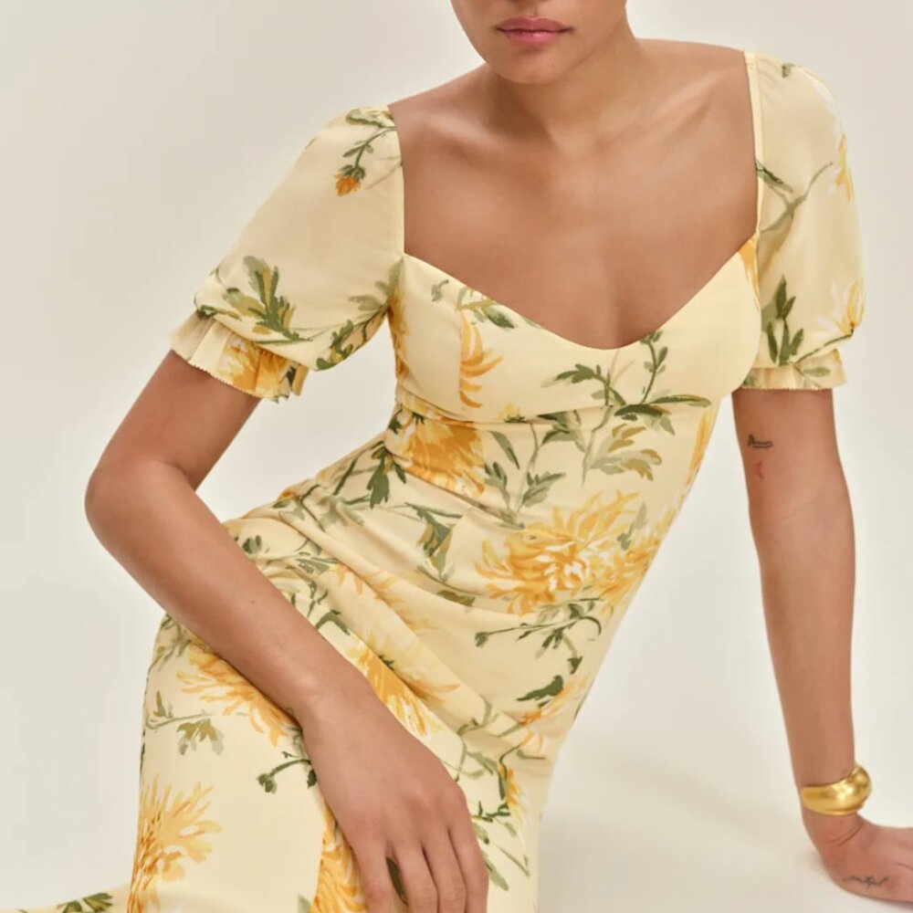 Reformation Gloria Midi Dress Size 2 Honeyglow Yellow Floral - Picture 12 of 13